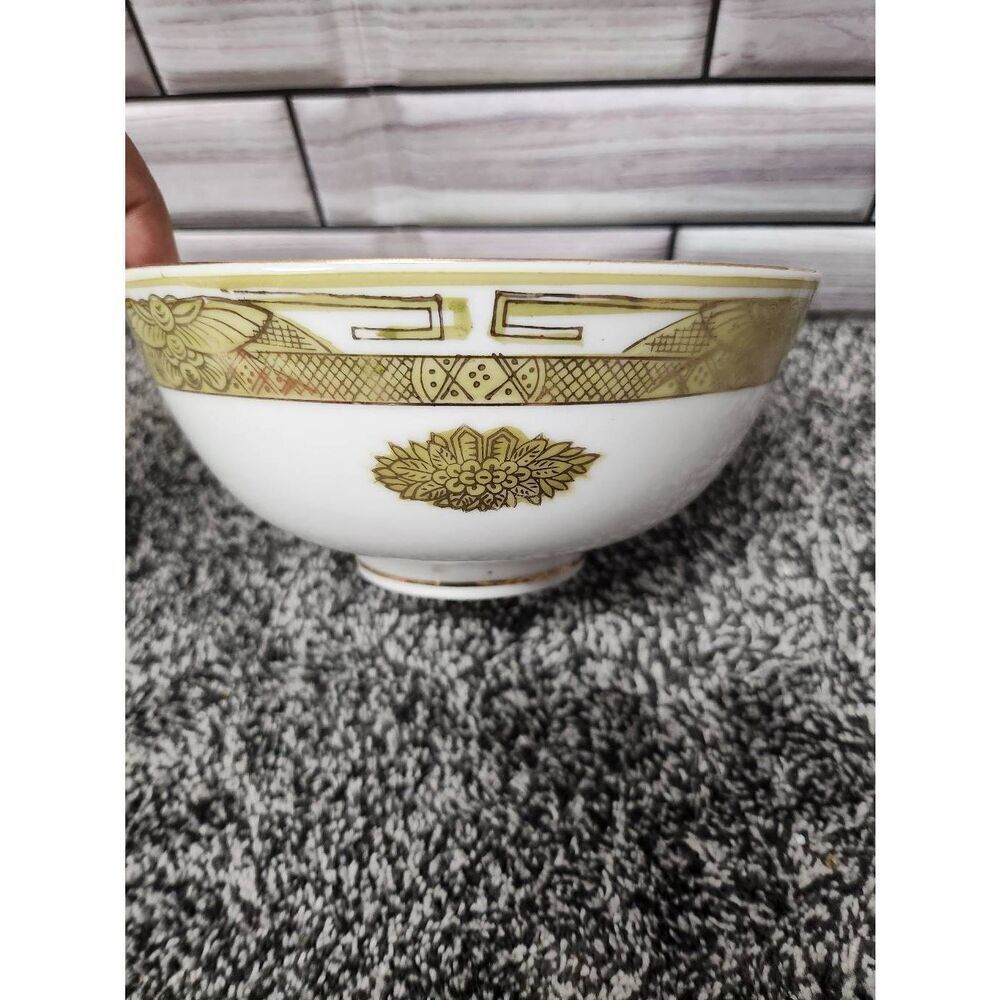 1960s Large Japanese Porcelain Green Gilt Floral Bowl